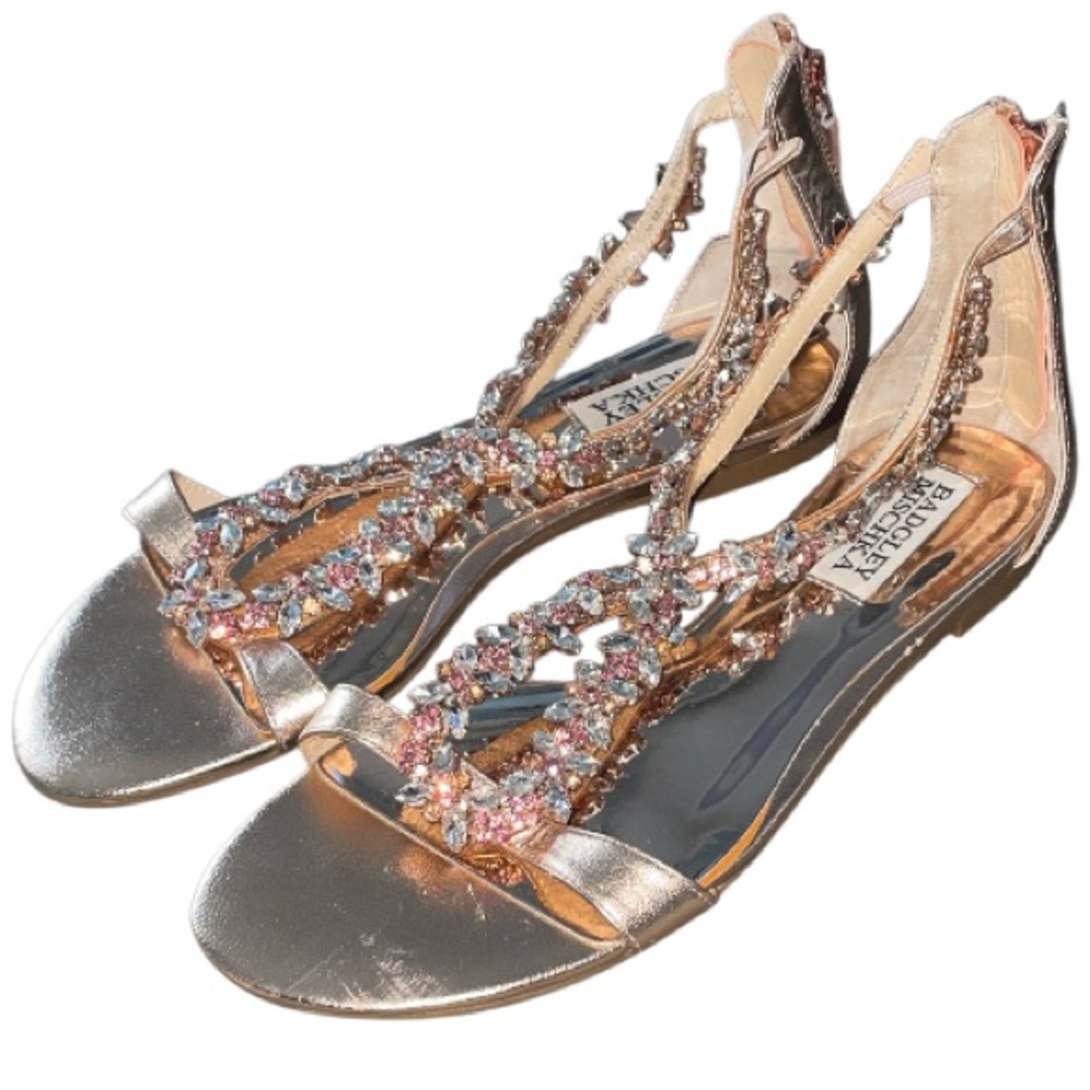 Badgley Mischka Rose Gold Leather Rhinstone Sandals